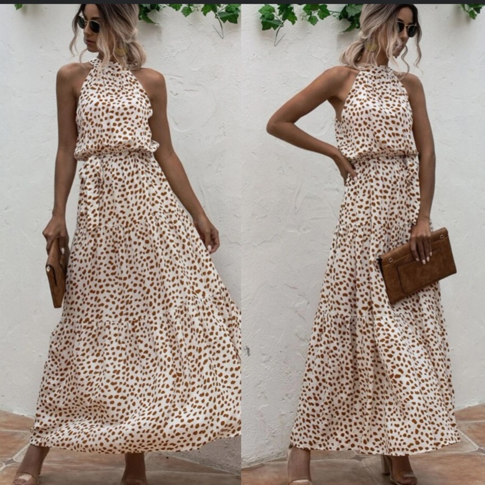 Boho cream brown halter dot belted maxi dress - Picture 3 of 8
